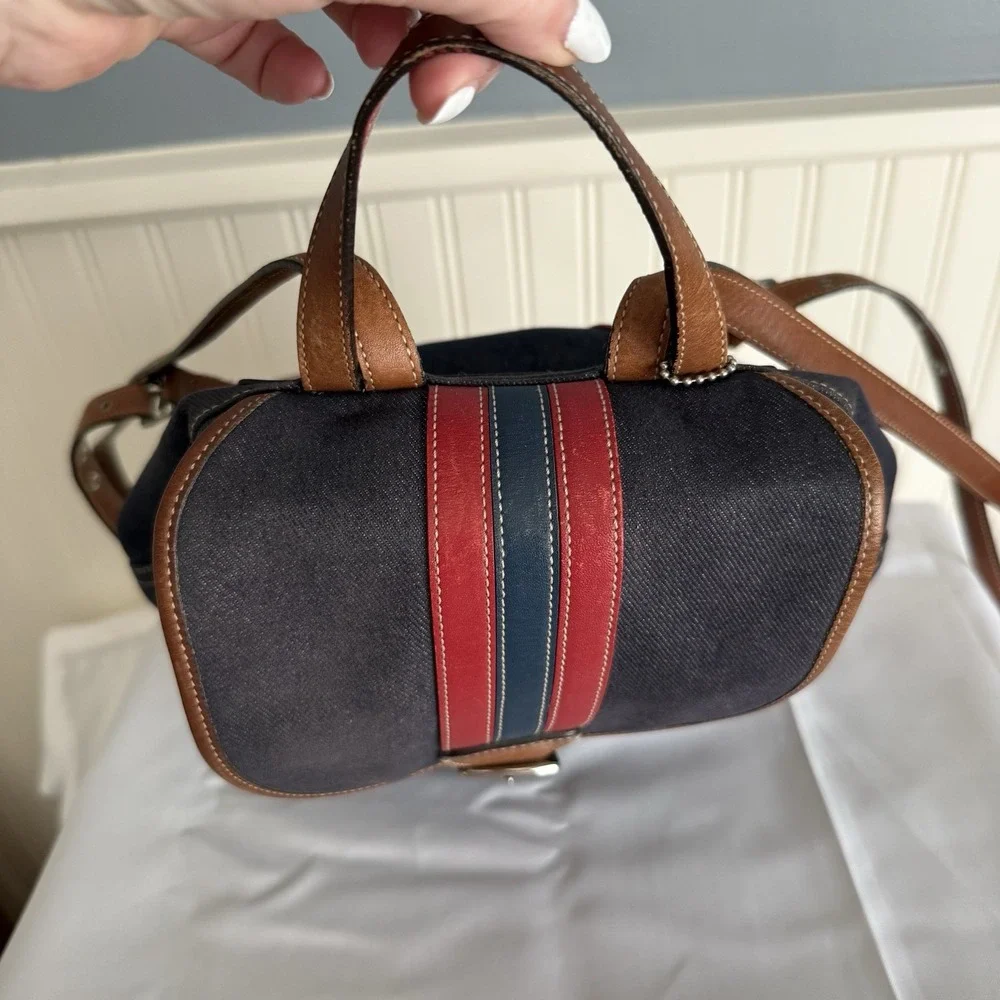 Vintage Coach Denim Blue Chambray Red Brown Leather Trim Backpack Purse 2004